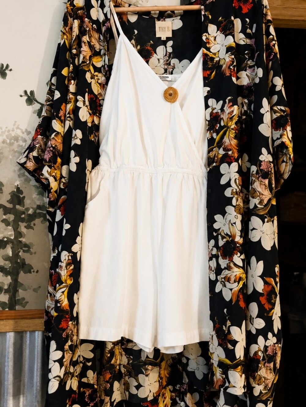 TRYB Silk Floral Kimono-Style button closure robe/cover in Navy and Cream